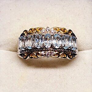 Sky Blue Topaz & Natural White Zircon ring in 18K YG vermeil&Plat over Brass sz9